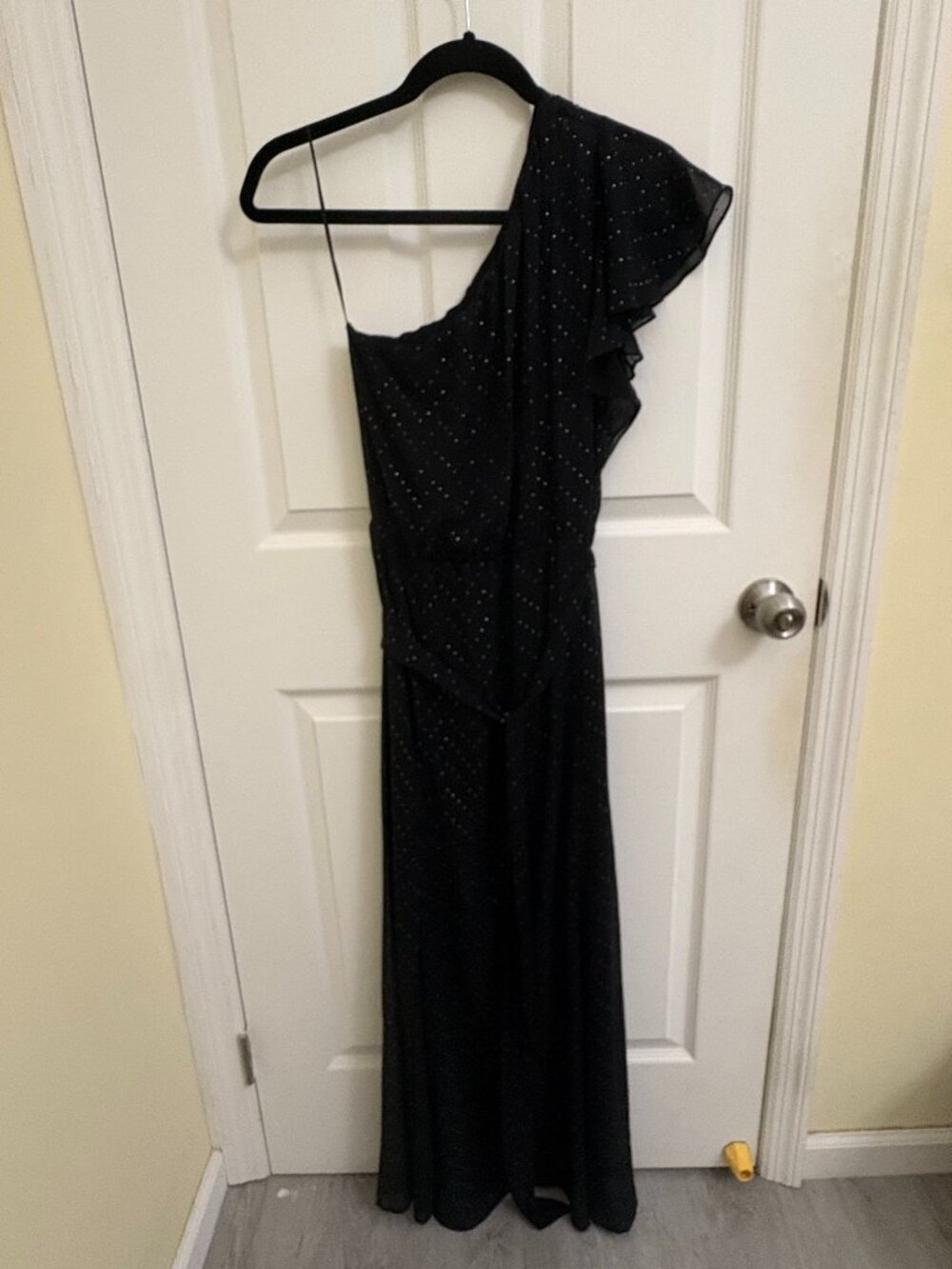 Maje Black One-Shoulder Metallic Dot / Studded Ruffle Maxi Dress - Size 2 (US M)